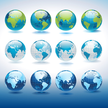 Set of vector globe icons showing earth with all continents